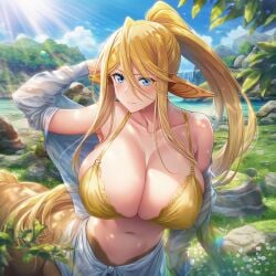 1girls ai_generated aigbrea blue_eyes blush bottomless bra centaur centorea_shianus female ineffective_clothing lens_flare long_hair monster_girl monster_musume_no_iru_nichijou ponytail rock sweat taur tree water yellow_hair