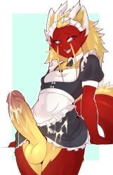 anthro asian_mythology balls blonde_hair bodily_fluids body_hair clothing cum cum_drip cum_on_penis cum_on_self digital_drawing_(artwork) digital_media_(artwork) digitigrade dragon dripping east_asian_mythology eastern_dragon erection femboy fingers fluffy fluffy_ears fluffy_hair fluffy_tail fur gay genital_fluids genitals gimnie hair hi_res horn humanoid_genitalia humanoid_penis maid_uniform male mammal multicolored_body multicolored_fur multicolored_hair mythological_creature mythological_scalie mythology nude penile penis purple_eyes red_body red_hair scalie simple_background smile solo tail tail_tuft tuft uniform vitamin_c_(forwardpickup) whiskers white_body white_fur yellow_body yellow_fur
