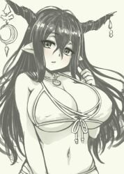 bikini breasts cleavage covered_nipples crescent danua danua_(summer)_(granblue_fantasy) draph female front-tie_bikini_top front-tie_top granblue_fantasy hair_between_eyes horn_ornament horns huge_breasts jewelry long_hair monochrome navel necklace official_alternate_costume pas_(paxiti) pointy_ears sketch solo strap_gap swimsuit underboob