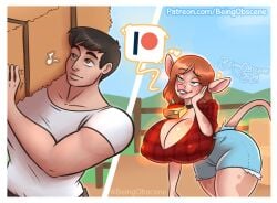 1boy1girl ass beingobscene big_ass big_breasts breasts breasts_bigger_than_head cleavage cow_ears cow_girl denim_shorts farm farmer fat_ass female freckles freckles_on_face green_eyes hearts_around_head huge_breasts jean_shorts lustful_gaze male nipple_bulge nipples nipples_visible_through_clothing patreon_logo seductive_look seductive_smile