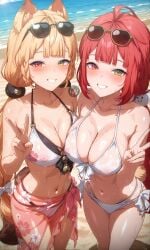 ai_generated alice_thymefield animal_ears animal_tail bangs bare_shoulders beach bikini blonde_hair blunt_bangs blush bra breasts breasts_squeezed_together cleavage covered_nipples female green_eyes heterochromia hoyoverse illyfurina jewelry large_breasts long_hair looking_at_viewer medium_breasts navel nipples panties peace_sign pixai red_eyes red_hair seducing seduction seductive seductive_body seductive_eyes seductive_gaze seductive_look seductive_mouth seductive_pose seductive_smile skirt smile smiling smiling_at_viewer stable_diffusion standing tease teasing teasing_viewer teeth teeth_showing teeth_visible twintails ukinami_yuzuha v-sign waist zenless_zone_zero