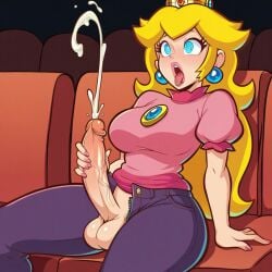 ai_generated balls big_breasts blonde_hair clothed crown cum ejaculation futanari mario_(series) masturbation movie_theater nintendo pants penis penis_out princess_peach shirt sitting solo super_mario_bros. super_princess_peach testicles unzipped unzipped_pants