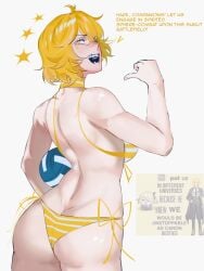 ass ball beech_volleybrrr bikini blonde_hair butt_crack don_quixote_(limbus_company) don_quixote_(project_moon) english_text facial_mark fangs female fischl_(genshin_impact) from_behind highres holding holding_ball limbus_company open_mouth project_moon solo star_(symbol) star_facial_mark striped_bikini striped_clothes swimsuit teeth theheavenpit volleyball yellow_bikini yellow_eyes