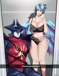 1boy 1boy1girl aatrox angel angel_wings blonde_female blonde_hair chained darkin demon dominant_female female kayle red_eyes underwear yellow_eyes