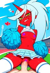 1boy1girl ai_generated blue_skirt breast_out breasts cheerleader_outfit cheerleader_uniform cowgirl_position cowgirl_position fangs floating_heart glasses horn kneesocks_daemon light_blue_hair nipples outdoor_sex panty_&_stocking_with_garterbelt penis ponytail pov purple_nipples purple_pussy pussy pussy_juice red_skin single_horn sky straight sweat vaginal_penetration yellow_eyes