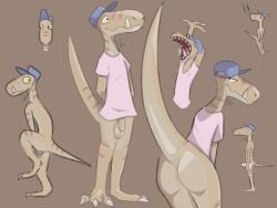anthro anus closed_eyes clothing covering covering_self dinosaur dromaeosaurid embarrassed erection erection_under_clothing guitarzard hat headgear headwear hi_res looking_back male markings multiple_scenes open_mouth prehistoric_species raised_tail reference_image reptile scalie shirt solo stretching striped_markings striped_tail stripes tail tail_markings teeth_showing theropod topwear velociraptor