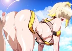1boy ahoge armband ass back bare_shoulders bent_over black_armband black_choker blonde_hair blue_sky blush breasts censored choker cloud cloudy_sky covered_eyes cum cum_in_pussy day ejaculation elegg_(boom_and_shock)_(nikke) elegg_(nikke) female goddess_of_victory:_nikke hair_intakes hair_over_eyes hara_(harayutaka) highres large_breasts lens_flare median_furrow medium_hair mosaic_censoring multicolored_hair oerba_yun_fang one-piece_swimsuit open_mouth outdoors penis pussy sky smile solo_focus sunlight sweat swimsuit thighs two-tone_hair underboob veins veiny_penis yellow_one-piece_swimsuit