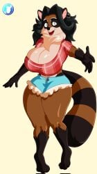 1girls 2020s 2025 2d 2d_(artwork) 5_fingers :d anthro anthro_only big_breasts big_thighs black_hair booty_shorts breasts brown_body brown_fur cleavage clothing curvaceous curvy curvy_body curvy_female curvy_figure ear_piercing ear_ring eyebrows eyelashes female female_focus female_only fingers fluffy fluffy_tail fur furry furry_female furry_only genitals hair hi_res highres hips hourglass_figure large_breasts looking_at_viewer mammal markings neck_tuft nipples nude paws piercing pinup pussy raccoon skindentation slim_waist smile smiling_at_viewer solo solo_female striped_markings striped_tail stripes sumi_(wingman) tail_markings thick_tail thick_thighs thighs vanillabeangoat voluptuous white_eyes wide_hips