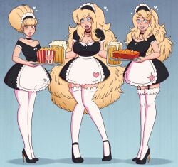 apron bangs barbie_(series) bare_shoulders bimbo bimbo_lips bimbofication blonde_hair blue_eyes blush breasts brown_eyes captain_marvel carol_danvers cassandra_lang choker cleavage collarbone corruption curly_hair earrings female_only femsub food garter_straps gradient_background gwen_stacy hair_band happy_trance heart high_heels hourglass_figure huge_breasts knees_together large_breasts large_lips long_hair long_nails looking_at_viewer maid maid_headdress makeup marvel marvel_comics mermaid multiple_girls multiple_subs nail_polish navel open_mouth simple_background smile standing thighhighs tray very_long_hair wrenzephyr2