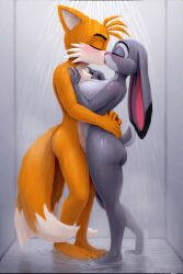 ai_generated breasts crossover disney fox hug judy_hopps kissing naked nude rabbit sega shower showering sonic_(series) tails tails_the_fox water wet zootopia