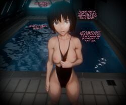 1girls 3d 3d_(artwork) amagami bare_thighs black_hair breasts caption cheating cheating_female cheating_girlfriend cuckold cuckolding dialogue female grey_eyes imminent_sex looking_at_viewer medium_breasts nanasaki_ai netorare nipples ntr short_hair sic_phuck solo solo_female solo_focus swimsuit swimsuit_aside swimsuit_pull teen teen_girl teenage_girl teenager thighs