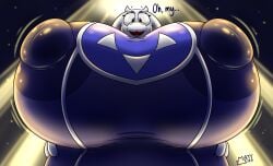 anthro areola big_areola big_breasts big_nipples boss_monster_(undertale) bovid breasts caprine clothing ellipsis english_text female floppy_ears goat hi_res horn huge_areola huge_breasts huge_nipples hyper hyper_breasts looking_at_viewer low-angle_view mammal mattthetooncat nipples open_mouth robe solo text toriel undertale undertale_(series) white_body
