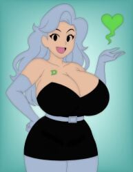artvi belt black_dress black_skirt black_strapless cleavage confident danny_phantom dawna_phantom female floating_heart gloves gray_belt gray_long_gloves green_heart hand_extended heart highres huge_breasts indoors light_blue_hair long_hair looking_at_viewer massive_breasts midriff navel nickelodeon nicktoons open_mouth paramount_pictures seductive_smile silver_buckle simple_background solo standing strapless_dress tagme teal_background tight_skirt tongue tongue_out underboob wavy_hair