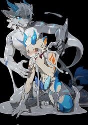 2_horns 2_penises anthro blue_eyes blush collar dragon duo erection fish genitals goo_creature goo_transformation grey_body grin hair hand_on_collar hand_on_ground hi_res horn kneeling male male/male marine multi_genitalia multi_penis mythological_creature mythological_scalie mythology navel nude penile_spines penis sackless scalie shark slim smile sssshark_(artist) striped_body stripes struggling three-quarter_view transformation white_hair