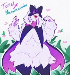absurd_res anthro arm_tuft belly big_breasts biped black_body black_fur black_nails bovid breast_curtains breasts caprine character_name colored_nails covered_nipples cute_fangs darkriallet ears_down english_text eyelashes facial_markings fangs featureless_crotch female female_anthro floppy_ears flower frill_(anatomy) front_view fur fusion generation_9_pokemon goat grass half-closed_eyes head_markings hi_res horn huge_breasts leg_tuft long_ears looking_at_viewer lop_ears mammal markings mask mask_(marking) masquernya mature_anthro mature_female meowscarada multicolored_body multicolored_fur nails narrowed_eyes navel neck_frill nintendo nude open_mouth open_smile petals pivoted_ears plant pokemon pokemon_(species) pose pupils purple_inner_ear red_eyes scarf signature slightly_chubby slightly_chubby_anthro slightly_chubby_female smile smiling_at_viewer solo standing teeth text thick_thighs thigh_tuft tongue toriel tuft two_tone_body two_tone_fur undertale undertale_(series) white_body white_fur wide_hipped_anthro wide_hipped_female wide_hips