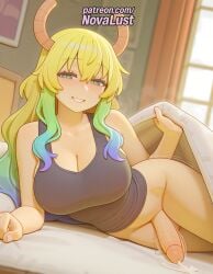 1boy 1futa 2025 ai_generated artist_name blonde_hair blush breasts breasts breasts bust chest cleavage cock cum curtains dick dragon_girl dragon_horns ejaculation erection eyebrows_visible_through_hair futanari gradient_hair green_eyes hi_res high_quality high_resolution highres horns indoors kobayashi-san_chi_no_maidragon long_hair lucoa miss_kobayashi's_dragon_maid multicolored_hair novalust patreon patreon_username penis solo stable_diffusion tank_top testicles watermark window