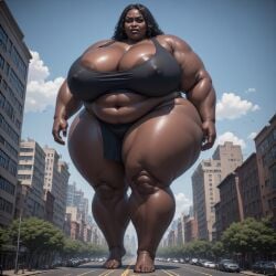 african_female ai_generated amazonian angry_expression barefoot belly_bulge bulky city dark-skinned_female ebony giantess goliath_body juggernaut_body loincloth loincloth_curtain miss_thunderthighs original_character perchance_ai ussbbw