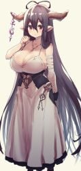 1girls ass ass_focus bandaged_arm bandages bare_shoulders black_hair blush breasts commentary_request corset cowboy_shot crescent danua draph dress female gloves granblue_fantasy hair_between_eyes highres horn_ornament horns large_breasts leaning_forward long_hair looking_at_viewer parted_lips pointy_ears red_eyes shiroie_mika sidelocks simple_background sleeveless sleeveless_dress solo standing straight_hair very_long_hair white_background white_dress