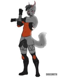 2020 anthro athletic athletic_male balls bedroom_eyes boots canid canine clothed clothing elbow_pads fingerless_gloves footwear genitals gloves handwear hi_res horn hybrid inu-sama jake_aries knee_pads looking_at_viewer male mammal markings narrowed_eyes orange_eyes pantsless partially_clothed penis red_horn seductive shirt shoes sleeveless_shirt smile solo stretching tail topwear