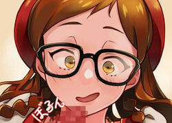 1boy black-framed_eyewear blush braid brown_hair censored code-aa dress female glasses grey_background hat highres idolmaster idolmaster_million_live! imminent_fellatio kitazawa_shiho looking_down mosaic_censoring nervous_smile open_mouth penis portrait red_hat simple_background solo_focus straight white_dress yellow_eyes