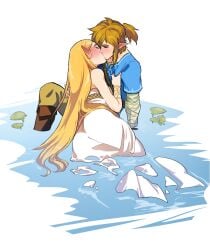 1boy 1boy1girl 1girls 2020 4:5 androgynous assertive_female blonde_eyebrows blonde_female blonde_hair blonde_hair_female blonde_hair_male blonde_male blue_shirt blush blush boots bracelet breath_of_the_wild brown_boots closed_eyes clothed clothed_female clothed_male clothing color colored cute dress ear_blush earring female_on_male floating_hair fluffy_hair grabbing hand_on_shoulder hi_res high_resolution humanoid_pointy_ears hylian hylian_ears in_water kissing kissing kukumomo lake light-skinned_male light_skin light_skinned_female lily_pad link link_(breath_of_the_wild) male/female nintendo no_sex on_ground on_knees passionate passionate_kiss ponytail pool princess_peach puddle romantic safe_for_work shaded shirt sideburns simple_background sitting sitting_down the_legend_of_zelda the_legend_of_zelda:_breath_of_the_wild vanilla water wet_clothes wet_clothing white_background white_dress wholesome