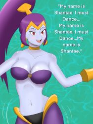 absurdres blush breasts choker cleavage dancer dancing female femsub happy_trance harem_outfit large_breasts long_hair mantra mind_break navel ponytail purification purple_hair red_eyes risky_boots shantae shantae_(cosplay) simple_background solo spiral_eyes syas-nomis symbol_in_eyes text wayforward
