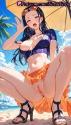 1girls 2025 ai_generated anus beach black_hair blue_eyes blue_sky breasts crop_top eyewear_on_head hi_res high_heels highres large_breasts legs long_hair looking_at_viewer nail_polish natsuyoru navel nico_robin nico_robin_(classic) nico_robin_(cosplay) nico_robin_(dressrosa) nico_robin_(egghead) nico_robin_(one_piece) nico_robin_(post-timeskip)_(cosplay) nico_robin_(pre-timeskip) nico_robin_(teenager) nico_robin_(vegapunk) nipples one_piece one_piece:_egghead_arc one_piece_film_gold one_piece_film_red one_piece_film_strong_world open_mouth orange_skirt outdoors partially_unzipped patreon pussy skirt sky solo squatting stomach sunglasses toenail_polish toenails toes tongue tongue_out uncensored voluptuous voluptuous_female zipper