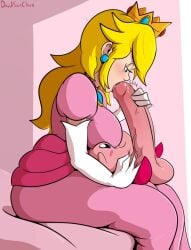 1boys 1girls balls bed bedroom_eyes blonde_female blonde_hair blonde_hair_female blowjob blue_earrings blue_eyes blue_eyes_female blushing clothed_sex crossover crown davidsanchan female huge_balls huge_cock human_on_non-human jewelery kirby kirby_(series) laying_on_lap leaning leaning_forward light-skinned_female light_skin light_skinned male mario_(series) monster_cock nintendo oral oral_sex penis pink_body pink_dress pink_skin princess princess_peach repost royalty sitting_on_bed small_but_hung small_male smile squished_face sucking_tip super_mario_bros. veiny_penis