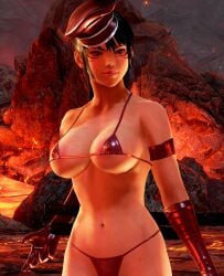 alluring big_breasts bikini black_and_red_and_purple_hair brimstone_and_fire_(stage) cleavage elbow_gloves female hat kitsune_marks kunimitsu_ii kunoichi lava mod namco tekken under_boob volcano