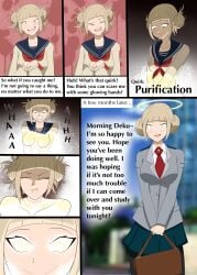 absurdres blonde_hair blush boku_no_hero_academia breasts comic dialogue female_only femsub glowing glowing_eyes happy_trance himiko_toga large_breasts mind_break my_hero_academia open_mouth purification ring_eyes short_hair smile solo standing standing_at_attention straight-cut_bangs syas-nomis text tongue yellow_eyes