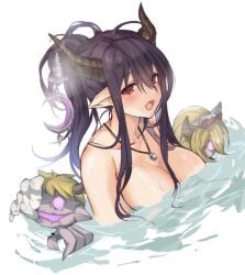 bad_id bad_twitter_id black_hair breasts danua doll draph female granblue_fantasy gretel_(granblue_fantasy) hansel_(granblue_fantasy) horns jewelry kanengomi large_breasts open_mouth partially_submerged pendant pointy_ears ponytail red_eyes solo water