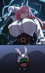 bangboo_(zenless_zone_zero) breasts collared_shirt dryegen46 female glasses huge_breasts humor lightning long_hair pink_eyes pink_hair tsukishiro_yanagi white_shirt zenless_zone_zero