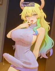 1futa 2025 ai_generated artist_name bare_shoulders blonde_hair blush breasts breasts breasts bust chest cock covered_nipples cum dick ejaculation erection eyebrows_visible_through_hair futanari green_eyes hi_res high_quality high_resolution highres horns kobayashi-san_chi_no_maidragon long_hair lucoa meme_attire miss_kobayashi's_dragon_maid multicolored_hair naked_sweater novalust open_mouth patreon patreon_username penis ribbed_dress ribbed_sweater sleeveless_turtleneck solo stable_diffusion sweater testicles turtleneck uncensored virgin_killer_sweater watermark