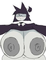 1girls belly_button female fundamental_paper_education glasses half-dressed half_nude hard_nipples looking_at_viewer looking_down_at_viewer massive_breasts miss_bloomie_(fundamental_paper_education) momiji_(artist) perky_breasts perky_nipples ponytail pov questioning_look short_hair small_ponytail tagme wide_hips