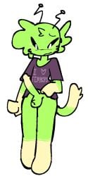2025 alien antennae_(anatomy) anthro balls black_sclera bottomless bottomless_anthro bottomless_male clothed clothing erection femboy freckles genitals gloves_(marking) green_body hi_res humanoid_genitalia humanoid_penis male markings penis shirt solo text text_on_clothing text_on_shirt text_on_topwear topwear weirdenned zeke_(weirdenned)