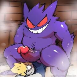 ai_generated evil_grin gay gengar huge_cock pokemon pokemon_(species) pokephilia sauna sitting_on_person