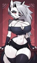 1girls ai_generated anthro ass big_ass big_breasts breasts busty canine crop_top demon demon_girl deviantart ear_piercing ears female fingerless_gloves furry goth goth_girl grey_body grey_fur grey_hair hellhound helluva_boss long_hair looking_at_viewer loona_(helluva_boss) no_bra notched_ear red_sclera shorts smile spiked_collar tail thick_thighs two_tone_body two_tone_fur two_tone_tail white_body white_eyes white_fur wide_hips wolf wolf-artist01 wolf_girl
