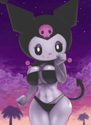 1girls artist_request belly_button big_breasts breasts cool_colors female fishnets kuromi lingerie night palm_tree panties pose posing smile solo solo_female source_request stars tagme thighs