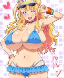 1girls belly_button big_breasts blonde_hair breasts female galko hitokiwa_kenchin light-skinned_female light_skin oshiete!_galko-chan please_tell_me!_galko-chan solo swimsuit wink