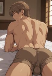 1boy ai_generated arm_support ass bed boxer_briefs boxer_briefs_only brown_boxer_briefs brown_briefs_only brown_male_underwear brown_underwear bsky_link buddy_daddies bulge civitai dvxxxgrai gay illustrious_(stable_diffusion) indoors kugi_kyutaro lying_on_bed male male_only male_underwear navel nude on_stomach smile solo solo_male tagme twitter_link underwear underwear_only yaoi