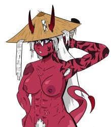 female hairy_armpits hairy_pussy hat oni oni_female oni_horns pussy red_nipples red_skin scars tail tattooed_arm white_hair