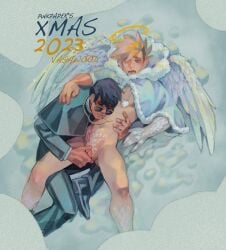 1boy 1cuntboy 2023 angel angel_wings big_clitoris black_hair blonde_hair christmas clitoris cuntboy cuntboy/male digital_media_(artwork) fingering halo male nicholas_d_wolfwood p1nkpaper priest pussy sunglasses trigun trigun_stampede vagina vaginal_penetration vash_the_stampede wings