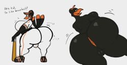 2025 anthro anus ass avian baltimore_oriole baltimore_orioles_(mlb) baseball_bat baseball_cap baseball_uniform bat_(object) beak big_breasts big_butt bird black_baseball_cap black_body black_clothing black_footwear black_shoes black_tail breasts clothing digital_media_(artwork) dipstick_tail english_text footwear hat headgear headwear hi_res icterid illis looking_at_viewer looking_back looking_back_at_viewer markings mascot mlb narrowed_eyes new_world_oriole open_mouth orange_anus orange_beak orange_tail_tip oriole_(bird) oscine passerine raised_tail rear_view simple_background solo sportswear tail tail_markings talking_to_viewer text the_oriole_bird_(mascot) thick_thighs uniform white_background wobble_(sound_effect)