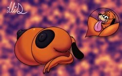 2020 anthro big_breasts black_ears black_nipples black_nose breasts canid canine canis digital_drawing_(artwork) digital_media_(artwork) domestic_dog duck_hunt duck_hunt_dog eyelashes female freckled_face freckles hand_on_breast hi_res huge_breasts hyper hyper_breasts illis long_ears mammal narrowed_eyes nintendo nipples orange_body signature sitting solo tongue tongue_out