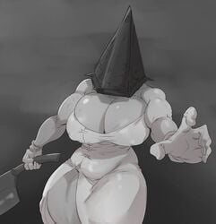 1girls apron bare_shoulders breasts cleavage curvy female female_pyramid_head gloves great_knife grey_skin huge_breasts humanoid konami large_breasts mature monkeywithaafro monster_girl muscles muscular muscular_female no_panties nopan pyramid_head rule_63 side_slit silent_hill silent_hill_2 solo thick_thighs villainess voluptuous weapon wide_hips