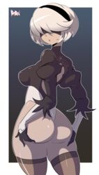 1girls android ass bigdeadalive blindfolded breasts cleavage female female_only hairband hips leotard looking_back nier nier:_automata open_mouth short_hair solo thick_thighs thighhighs thighs white_hair yorha_2b