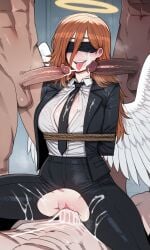 ai_generated angel_devil_(chainsaw_man) blindfold breasts chainsaw_man cum cum_in_pussy enjoying female gangbang genderswap_(mtf) necktie rule_63 self_upload suit tesa tied_up tongue tongue_out