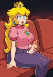 ai_generated balls big_breasts blonde_hair clothed crown futanari mario_(series) masturbation movie_theater nintendo pants penis penis_out precum princess_peach shirt sitting solo super_mario_bros. super_princess_peach testicles unzipped unzipped_pants