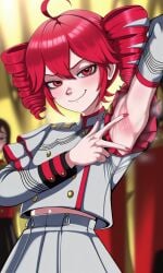 2025 ahoge ai armpit armpit_fetish armpits arms_behind_back arms_behind_head arms_up background kasane_teto kasane_teto_(sv) red_eyes red_hair smug smug_expression smug_face smug_smile spread_arms steam steamy_armpits synthesizer_v tagme twin_drills vampiregurl