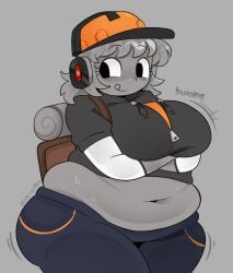 backpack breasts builderfan chubby fat fat_female female grey_body grey_skin hard_hat headphones jacket large_breasts plump roblox robloxian solo something_evil_will_happen sweat thick_thighs tongue tongue_out zipper